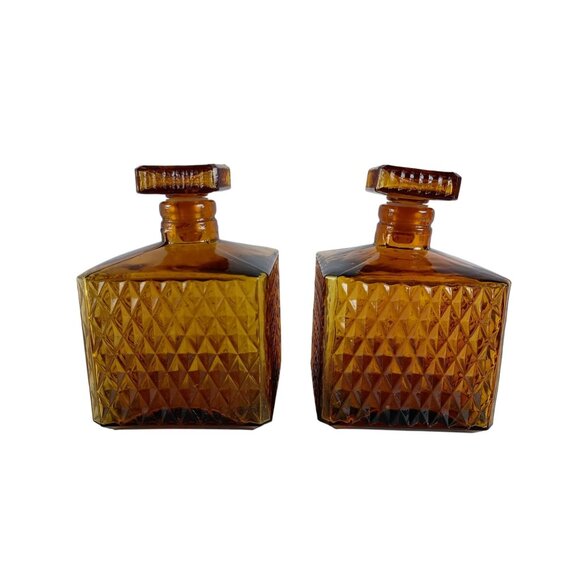 Indiana Glass Amber Square Diamond Point Pair Of Decanters Vintage Barware - Picture 5 of 8